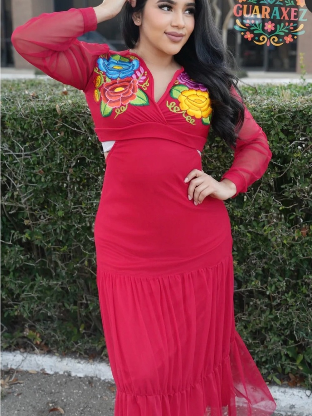 Red Embroidered Long-Sleeve Maxi Dress with Floral Accents